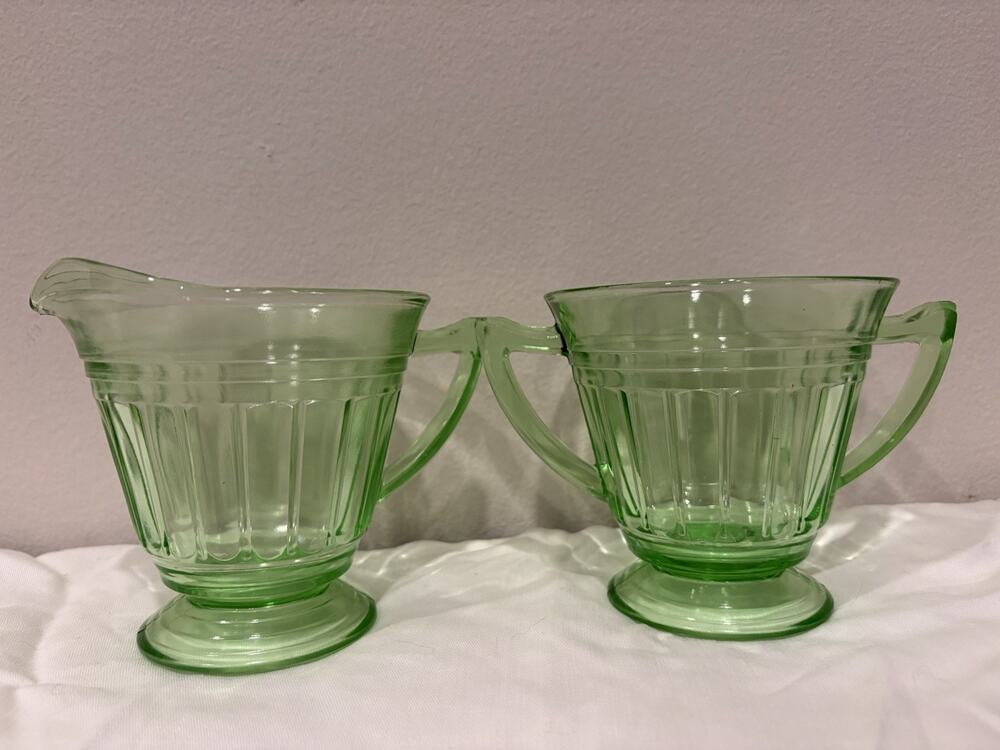 Vintage Green Depression Glass Creamer & Sugar Set | Hazel-Atlas Ribbon Pattern
